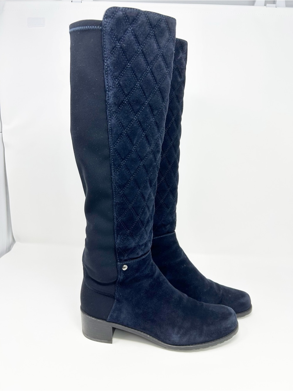 Stuart Weitzman Knee High Riding Boots Navy Blue Quilted Low Heel Size 6.5 M